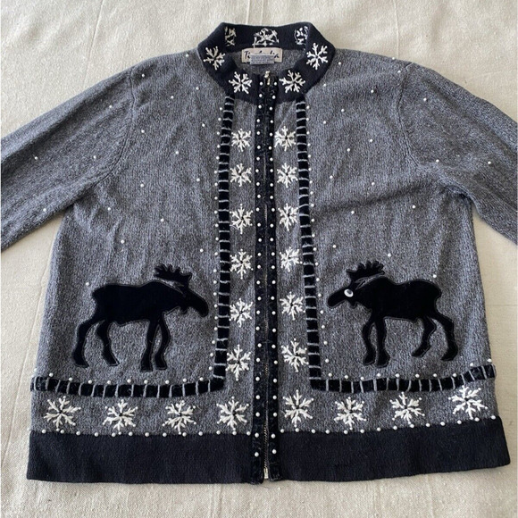 Vtg Timber Lea Cardigan Womens Medium Dark Grey Moose Holiday Zip Up Sweater - Picture 3 of 12